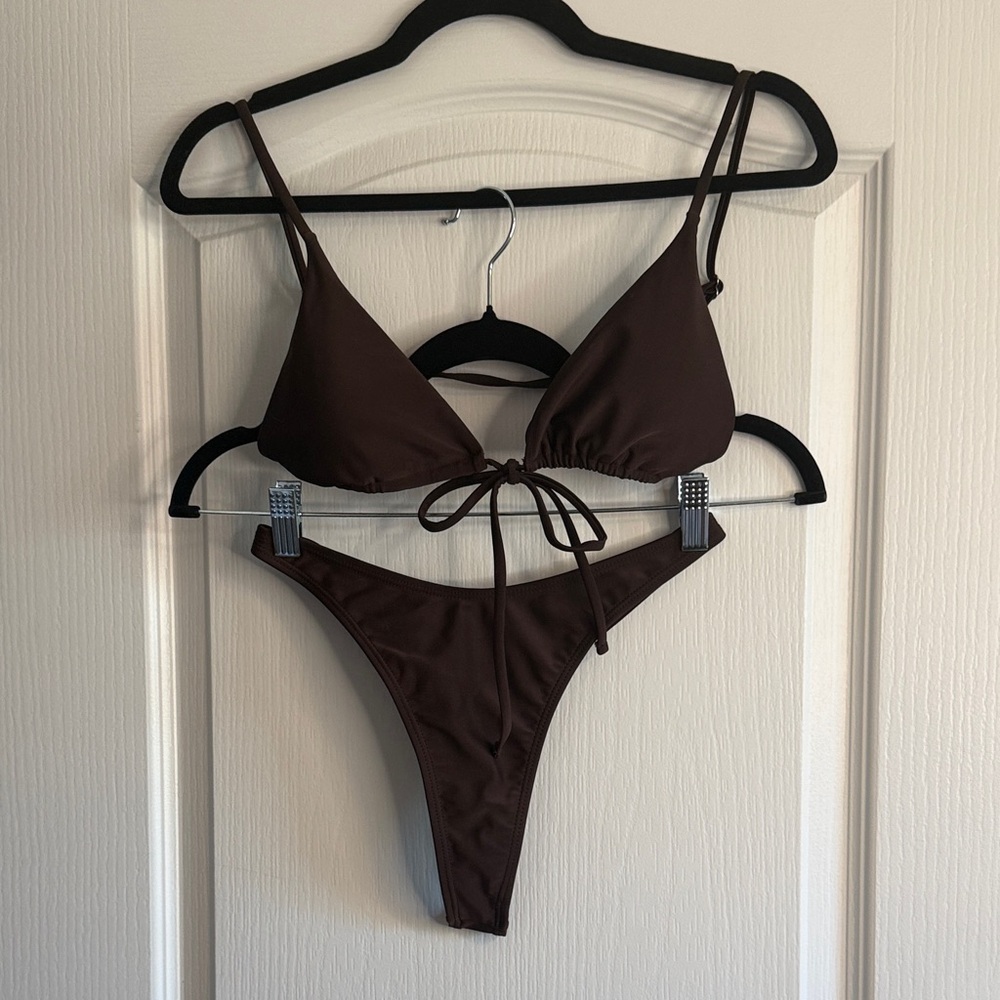 Brown Triangle Tie-Front Bikini Set